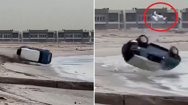 Çmenduria nuk ka kufij! Shikoni se si fluturon nga vetura ky aventurier/ VIDEO